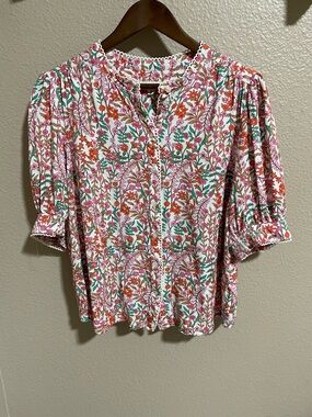 Boden Floral Button-Front Puff Sleeve Top in White, Pink & Green